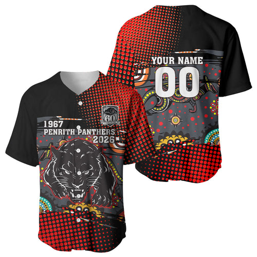 Personalised Panthers 60th Anniversary Baseball Jersey Aboriginal Indigenous Dot Art - Halftone Pattern 1967-2026