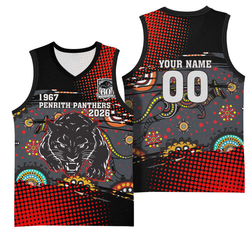 Personalised Panthers 60th Anniversary Basketball Jersey Aboriginal Indigenous Dot Art - Halftone Pattern 1967-2026