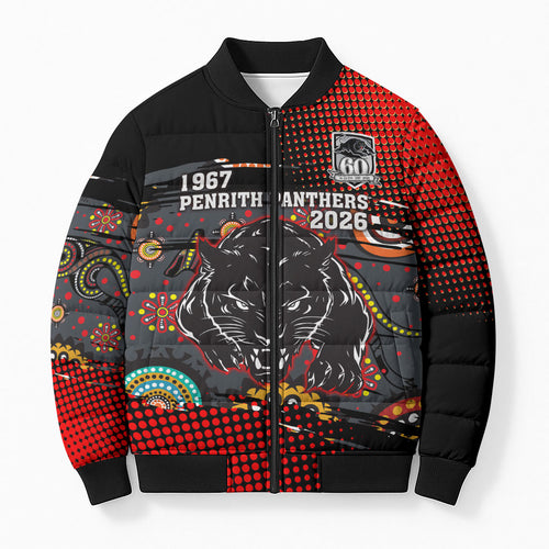 Personalised Panthers 60th Anniversary Bomber Puffer Jacket Aboriginal Indigenous Dot Art - Halftone Pattern 1967-2026