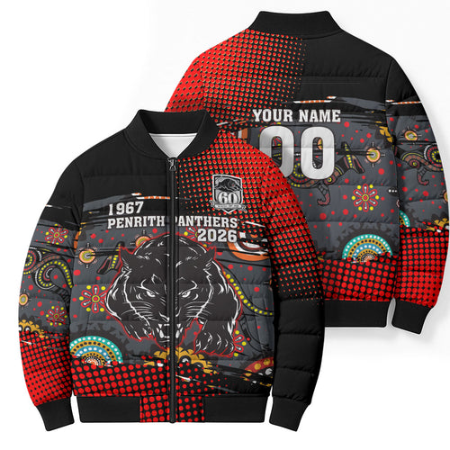 Personalised Panthers 60th Anniversary Bomber Puffer Jacket Aboriginal Indigenous Dot Art - Halftone Pattern 1967-2026