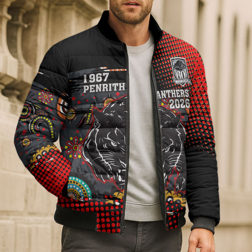 Personalised Panthers 60th Anniversary Bomber Puffer Jacket Aboriginal Indigenous Dot Art - Halftone Pattern 1967-2026