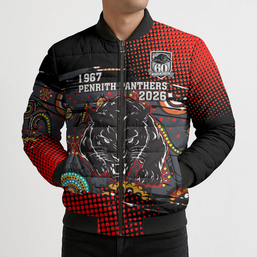 Personalised Panthers 60th Anniversary Bomber Puffer Jacket Aboriginal Indigenous Dot Art - Halftone Pattern 1967-2026