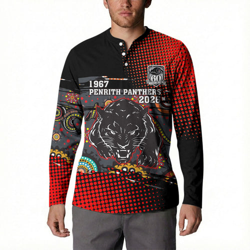 Personalised Panthers 60th Anniversary Button Sweatshirt Aboriginal Indigenous Dot Art - Halftone Pattern 1967-2026