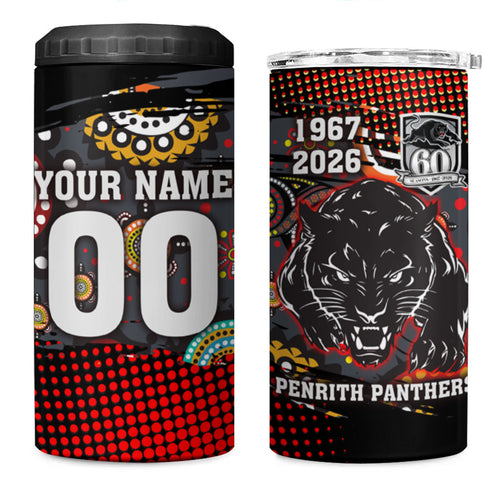 Personalised Panthers 60th Anniversary 4 in 1 Can Cooler Tumbler Aboriginal Indigenous Dot Art - Halftone Pattern 1967-2026
