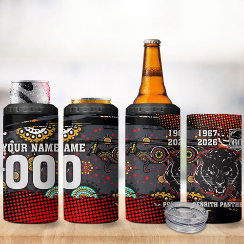 Personalised Panthers 60th Anniversary 4 in 1 Can Cooler Tumbler Aboriginal Indigenous Dot Art - Halftone Pattern 1967-2026