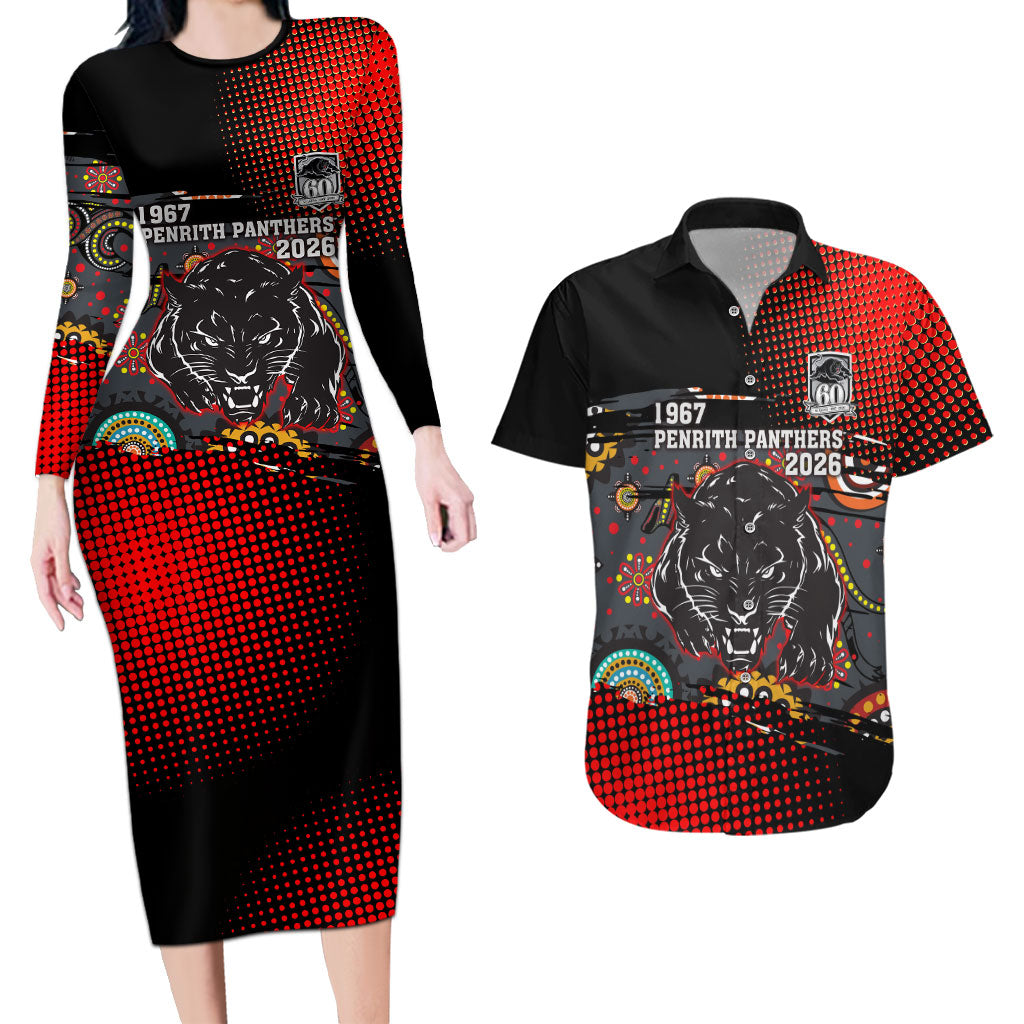 Personalised Panthers 60th Anniversary Couples Matching Long Sleeve Bodycon Dress and Hawaiian Shirt Aboriginal Indigenous Dot Art - Halftone Pattern 1967-2026