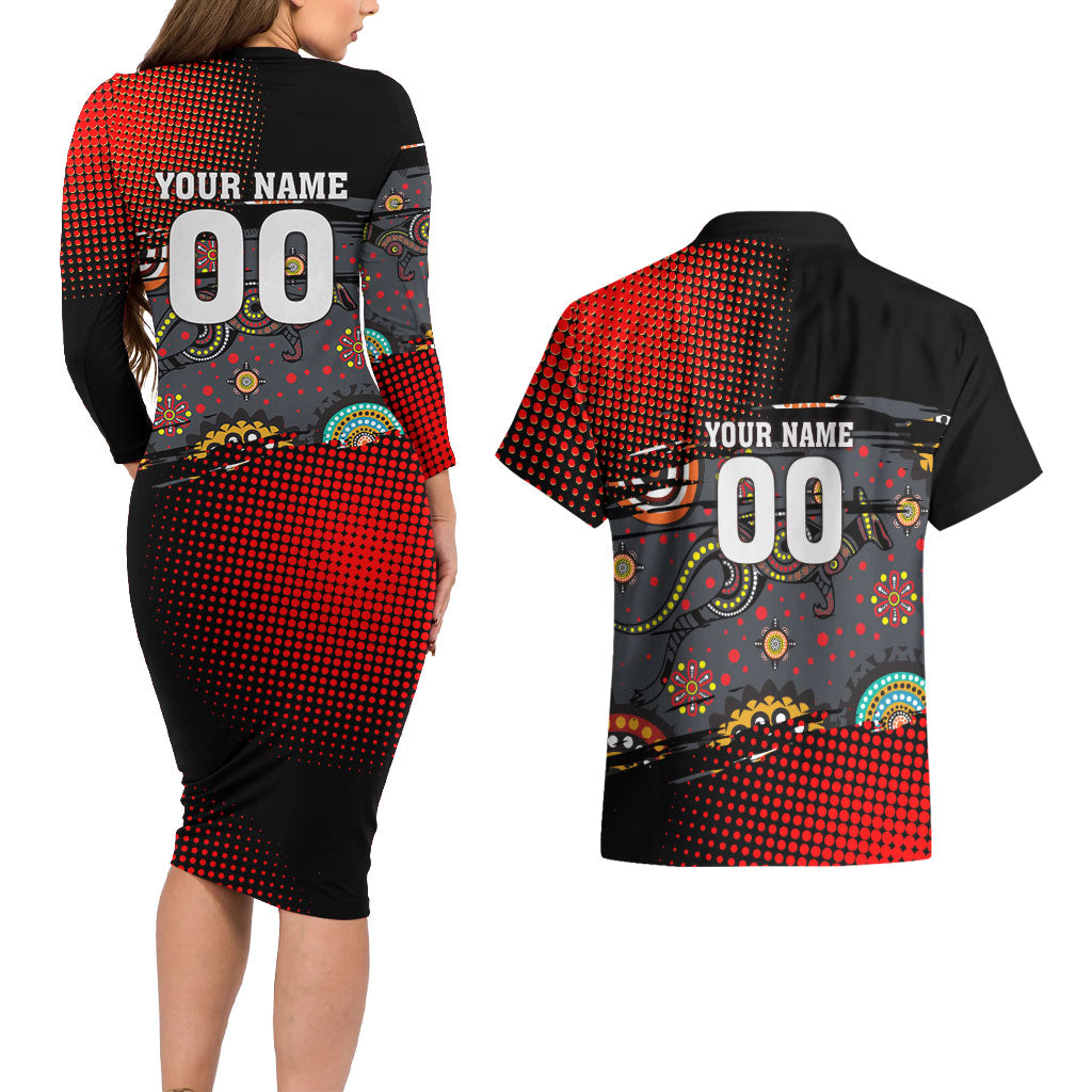 Personalised Panthers 60th Anniversary Couples Matching Long Sleeve Bodycon Dress and Hawaiian Shirt Aboriginal Indigenous Dot Art - Halftone Pattern 1967-2026