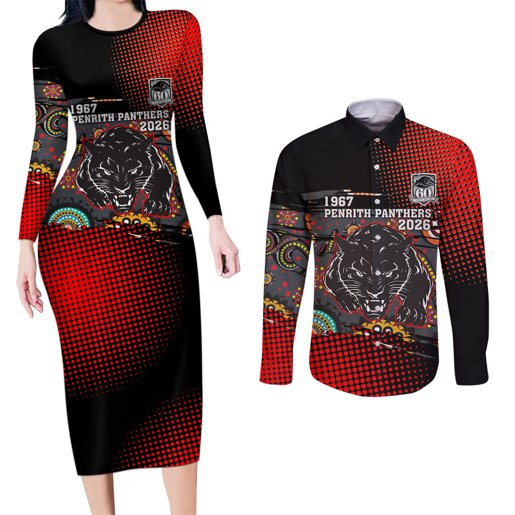 Personalised Panthers 60th Anniversary Couples Matching Long Sleeve Bodycon Dress and Long Sleeve Button Shirt Aboriginal Indigenous Dot Art - Halftone Pattern 1967-2026
