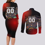 Personalised Panthers 60th Anniversary Couples Matching Long Sleeve Bodycon Dress and Long Sleeve Button Shirt Aboriginal Indigenous Dot Art - Halftone Pattern 1967-2026