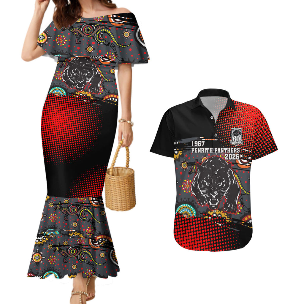 Personalised Panthers 60th Anniversary Couples Matching Mermaid Dress and Hawaiian Shirt Aboriginal Indigenous Dot Art - Halftone Pattern 1967-2026