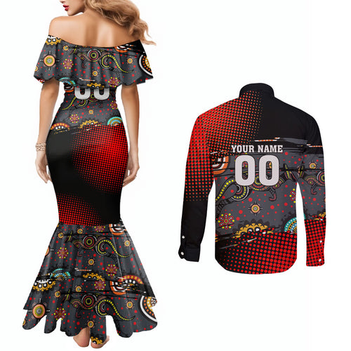 Personalised Panthers 60th Anniversary Couples Matching Mermaid Dress and Long Sleeve Button Shirt Aboriginal Indigenous Dot Art - Halftone Pattern 1967-2026