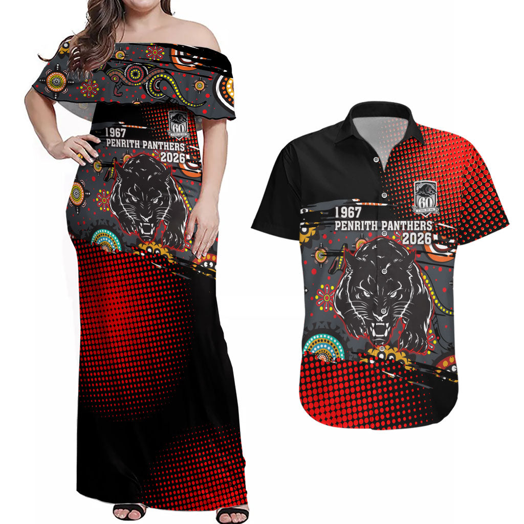 Personalised Panthers 60th Anniversary Couples Matching Off Shoulder Maxi Dress and Hawaiian Shirt Aboriginal Indigenous Dot Art - Halftone Pattern 1967-2026