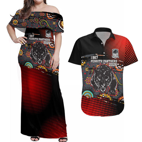 Personalised Panthers 60th Anniversary Couples Matching Off Shoulder Maxi Dress and Hawaiian Shirt Aboriginal Indigenous Dot Art - Halftone Pattern 1967-2026