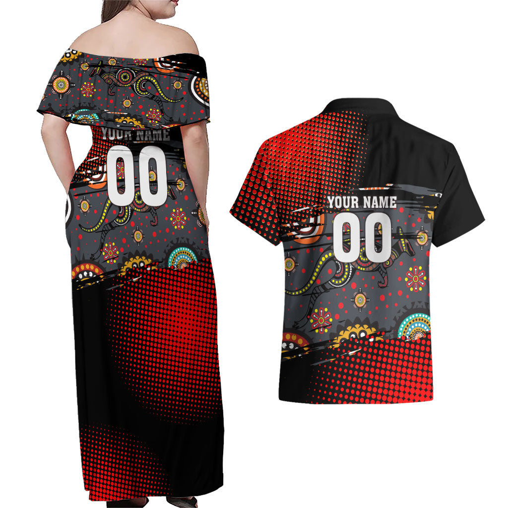 Personalised Panthers 60th Anniversary Couples Matching Off Shoulder Maxi Dress and Hawaiian Shirt Aboriginal Indigenous Dot Art - Halftone Pattern 1967-2026