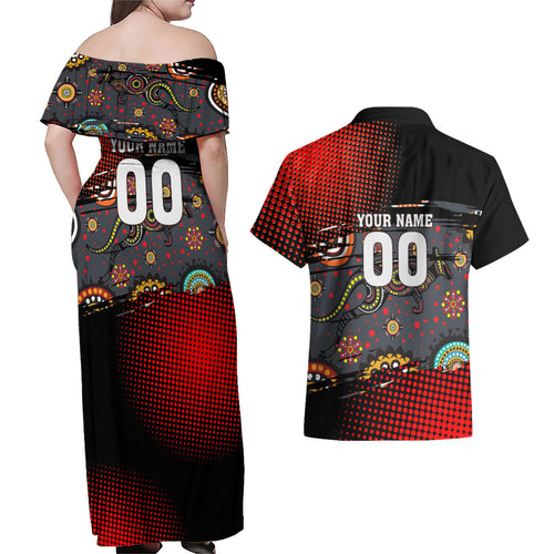 Personalised Panthers 60th Anniversary Couples Matching Off Shoulder Maxi Dress and Hawaiian Shirt Aboriginal Indigenous Dot Art - Halftone Pattern 1967-2026