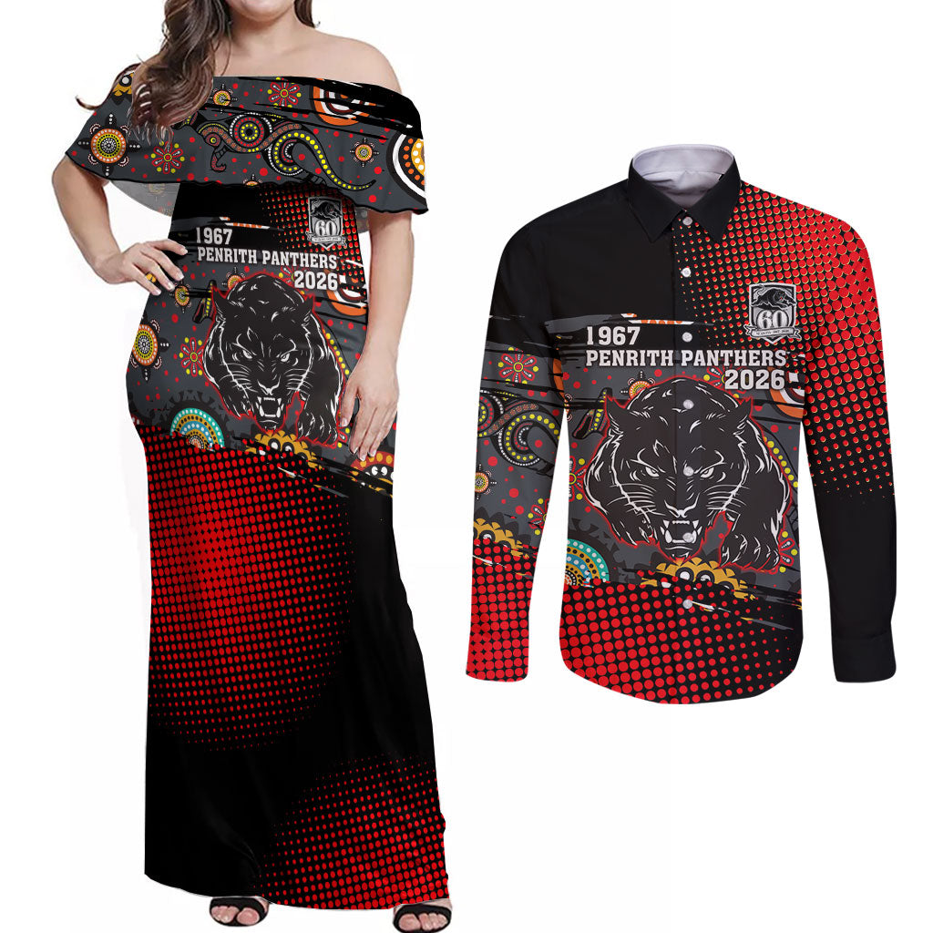 Personalised Panthers 60th Anniversary Couples Matching Off Shoulder Maxi Dress and Long Sleeve Button Shirt Aboriginal Indigenous Dot Art - Halftone Pattern 1967-2026