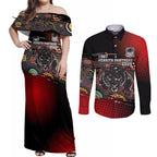 Personalised Panthers 60th Anniversary Couples Matching Off Shoulder Maxi Dress and Long Sleeve Button Shirt Aboriginal Indigenous Dot Art - Halftone Pattern 1967-2026