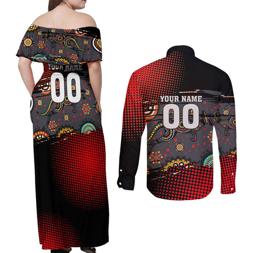 Personalised Panthers 60th Anniversary Couples Matching Off Shoulder Maxi Dress and Long Sleeve Button Shirt Aboriginal Indigenous Dot Art - Halftone Pattern 1967-2026