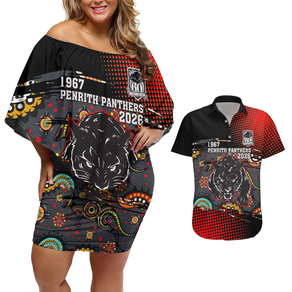 Personalised Panthers 60th Anniversary Couples Matching Off Shoulder Short Dress and Hawaiian Shirt Aboriginal Indigenous Dot Art - Halftone Pattern 1967-2026