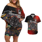 Personalised Panthers 60th Anniversary Couples Matching Off Shoulder Short Dress and Hawaiian Shirt Aboriginal Indigenous Dot Art - Halftone Pattern 1967-2026