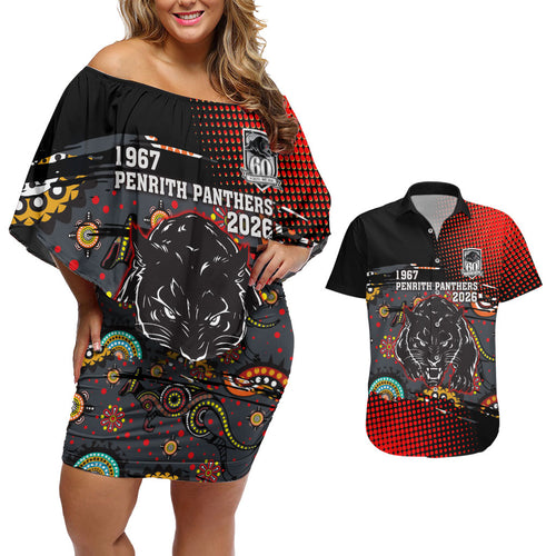 Personalised Panthers 60th Anniversary Couples Matching Off Shoulder Short Dress and Hawaiian Shirt Aboriginal Indigenous Dot Art - Halftone Pattern 1967-2026