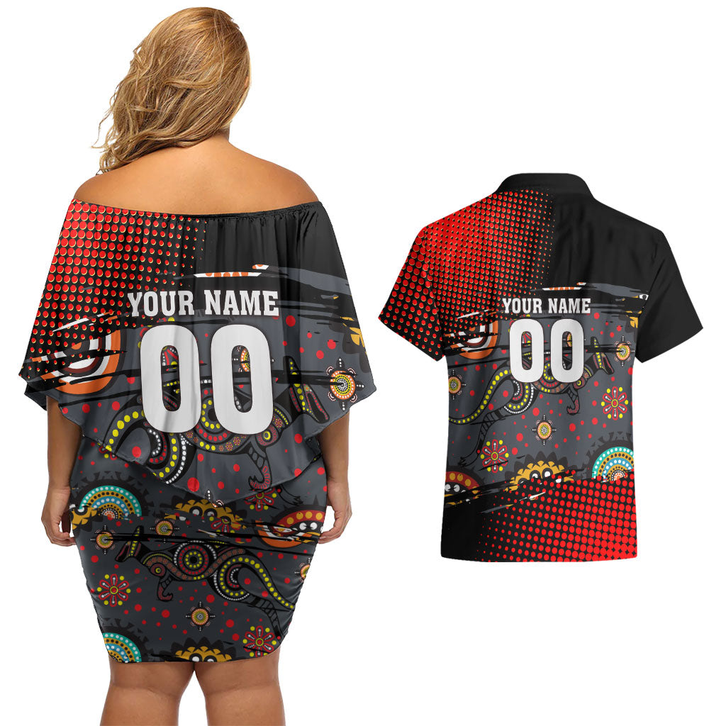 Personalised Panthers 60th Anniversary Couples Matching Off Shoulder Short Dress and Hawaiian Shirt Aboriginal Indigenous Dot Art - Halftone Pattern 1967-2026