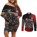 Personalised Panthers 60th Anniversary Couples Matching Off Shoulder Short Dress and Long Sleeve Button Shirt Aboriginal Indigenous Dot Art - Halftone Pattern 1967-2026