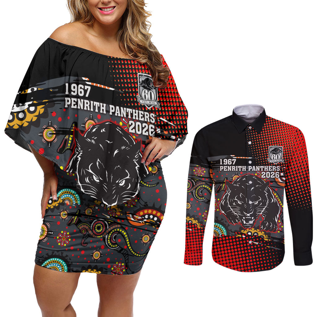 Personalised Panthers 60th Anniversary Couples Matching Off Shoulder Short Dress and Long Sleeve Button Shirt Aboriginal Indigenous Dot Art - Halftone Pattern 1967-2026