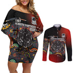 Personalised Panthers 60th Anniversary Couples Matching Off Shoulder Short Dress and Long Sleeve Button Shirt Aboriginal Indigenous Dot Art - Halftone Pattern 1967-2026