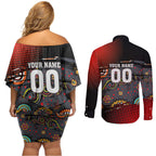 Personalised Panthers 60th Anniversary Couples Matching Off Shoulder Short Dress and Long Sleeve Button Shirt Aboriginal Indigenous Dot Art - Halftone Pattern 1967-2026