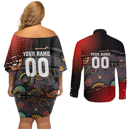 Personalised Panthers 60th Anniversary Couples Matching Off Shoulder Short Dress and Long Sleeve Button Shirt Aboriginal Indigenous Dot Art - Halftone Pattern 1967-2026