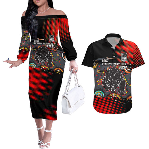 Personalised Panthers 60th Anniversary Couples Matching Off The Shoulder Long Sleeve Dress and Hawaiian Shirt Aboriginal Indigenous Dot Art - Halftone Pattern 1967-2026