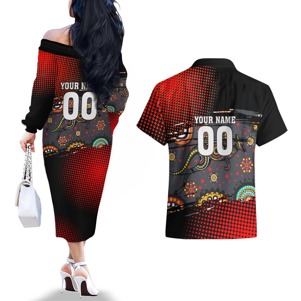 Personalised Panthers 60th Anniversary Couples Matching Off The Shoulder Long Sleeve Dress and Hawaiian Shirt Aboriginal Indigenous Dot Art - Halftone Pattern 1967-2026