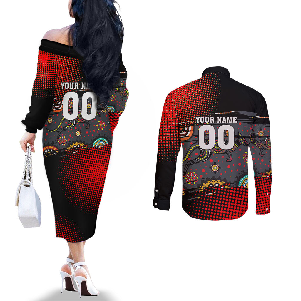 Personalised Panthers 60th Anniversary Couples Matching Off The Shoulder Long Sleeve Dress and Long Sleeve Button Shirt Aboriginal Indigenous Dot Art - Halftone Pattern 1967-2026
