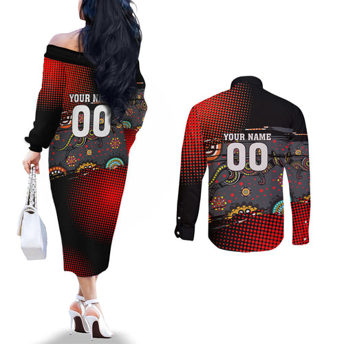 Personalised Panthers 60th Anniversary Couples Matching Off The Shoulder Long Sleeve Dress and Long Sleeve Button Shirt Aboriginal Indigenous Dot Art - Halftone Pattern 1967-2026