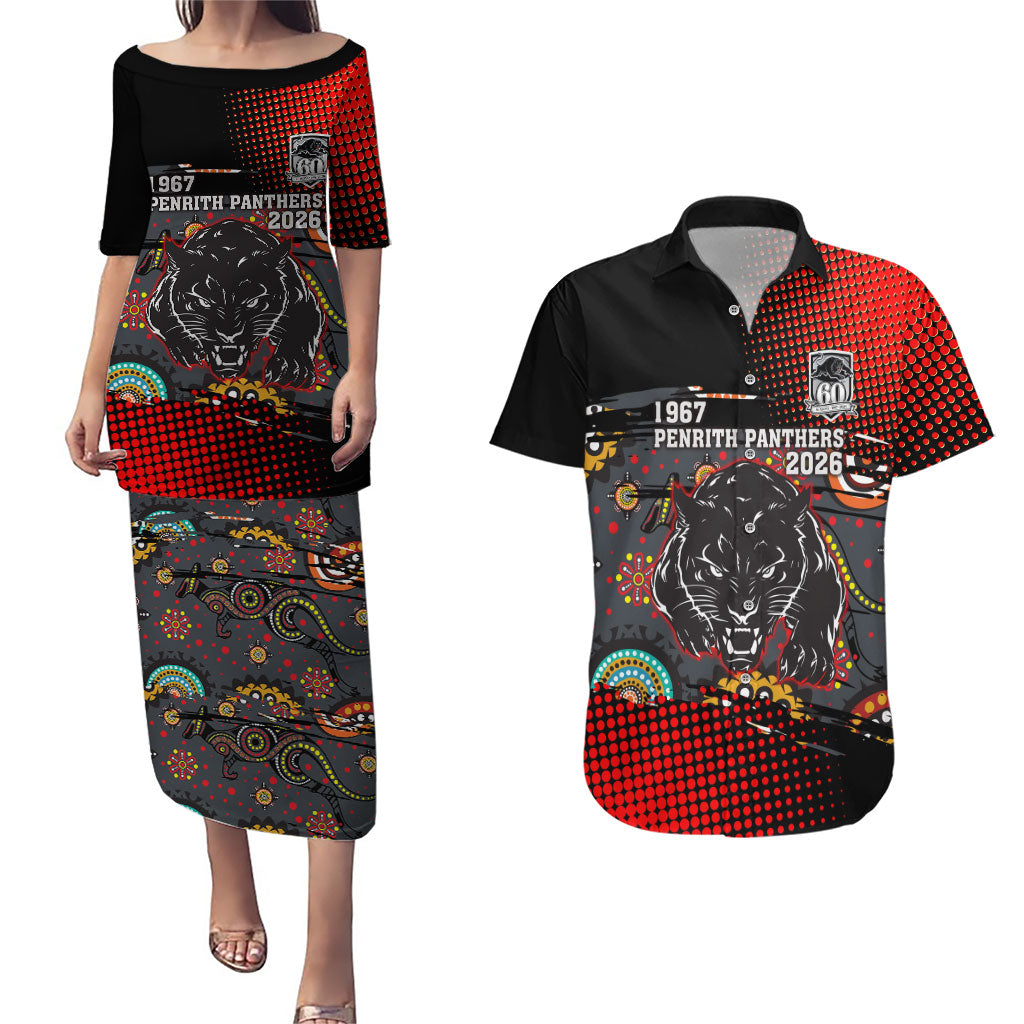 Personalised Panthers 60th Anniversary Couples Matching Puletasi and Hawaiian Shirt Aboriginal Indigenous Dot Art - Halftone Pattern 1967-2026