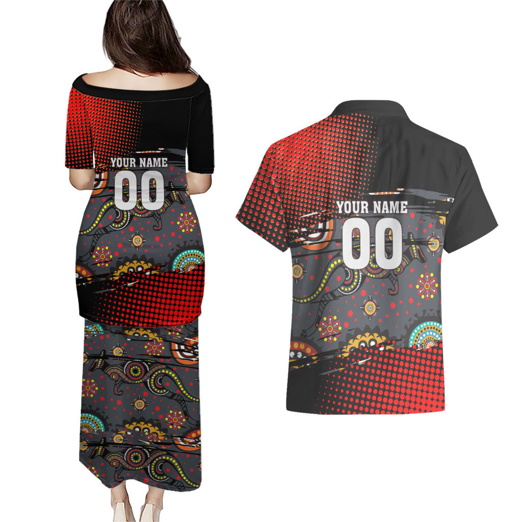 Personalised Panthers 60th Anniversary Couples Matching Puletasi and Hawaiian Shirt Aboriginal Indigenous Dot Art - Halftone Pattern 1967-2026