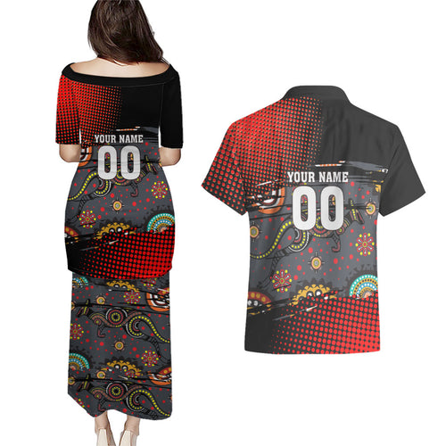 Personalised Panthers 60th Anniversary Couples Matching Puletasi and Hawaiian Shirt Aboriginal Indigenous Dot Art - Halftone Pattern 1967-2026