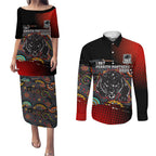 Personalised Panthers 60th Anniversary Couples Matching Puletasi and Long Sleeve Button Shirt Aboriginal Indigenous Dot Art - Halftone Pattern 1967-2026