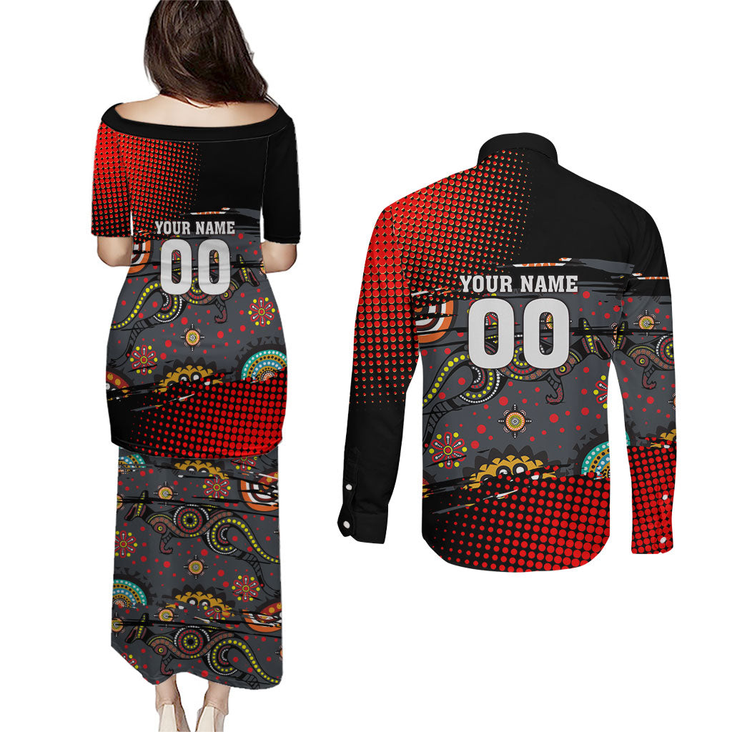 Personalised Panthers 60th Anniversary Couples Matching Puletasi and Long Sleeve Button Shirt Aboriginal Indigenous Dot Art - Halftone Pattern 1967-2026