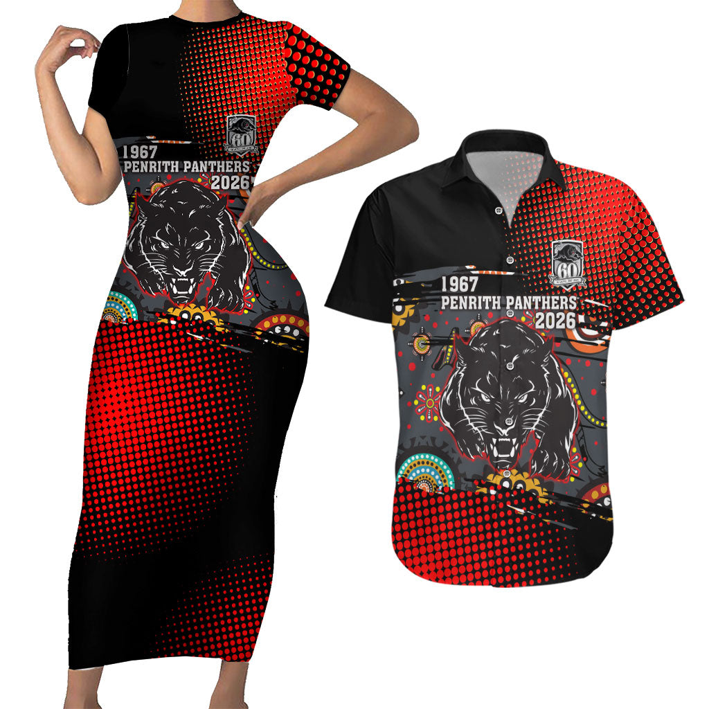 Personalised Panthers 60th Anniversary Couples Matching Short Sleeve Bodycon Dress and Hawaiian Shirt Aboriginal Indigenous Dot Art - Halftone Pattern 1967-2026