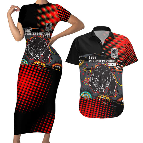 Personalised Panthers 60th Anniversary Couples Matching Short Sleeve Bodycon Dress and Hawaiian Shirt Aboriginal Indigenous Dot Art - Halftone Pattern 1967-2026