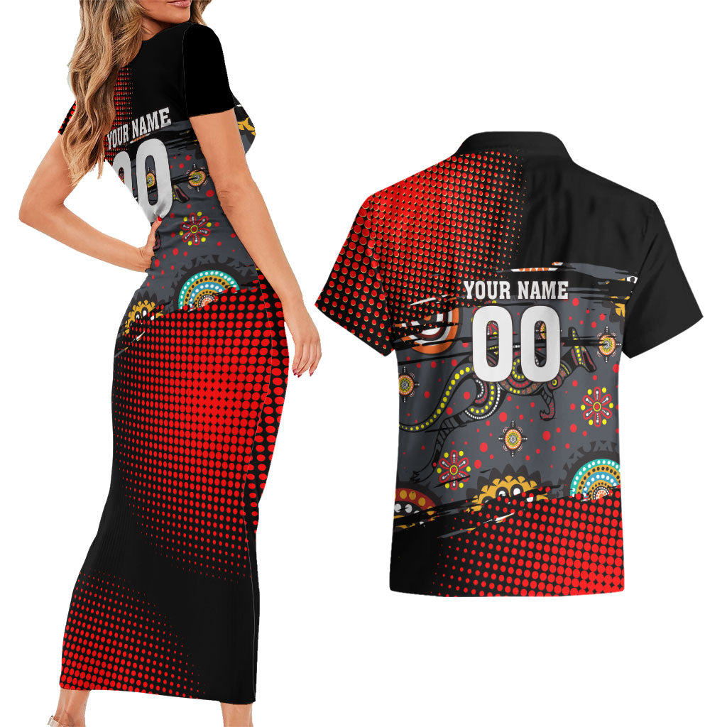 Personalised Panthers 60th Anniversary Couples Matching Short Sleeve Bodycon Dress and Hawaiian Shirt Aboriginal Indigenous Dot Art - Halftone Pattern 1967-2026