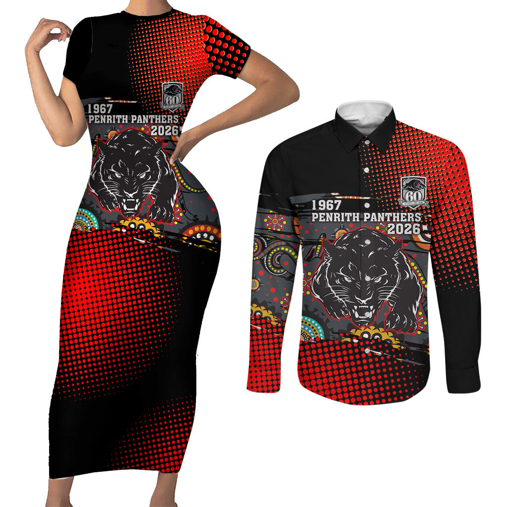 Personalised Panthers 60th Anniversary Couples Matching Short Sleeve Bodycon Dress and Long Sleeve Button Shirt Aboriginal Indigenous Dot Art - Halftone Pattern 1967-2026