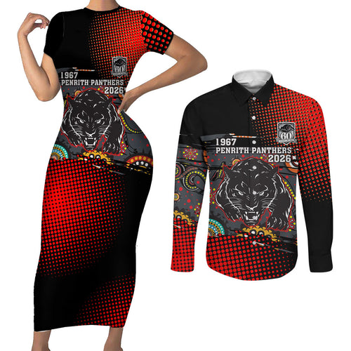 Personalised Panthers 60th Anniversary Couples Matching Short Sleeve Bodycon Dress and Long Sleeve Button Shirt Aboriginal Indigenous Dot Art - Halftone Pattern 1967-2026