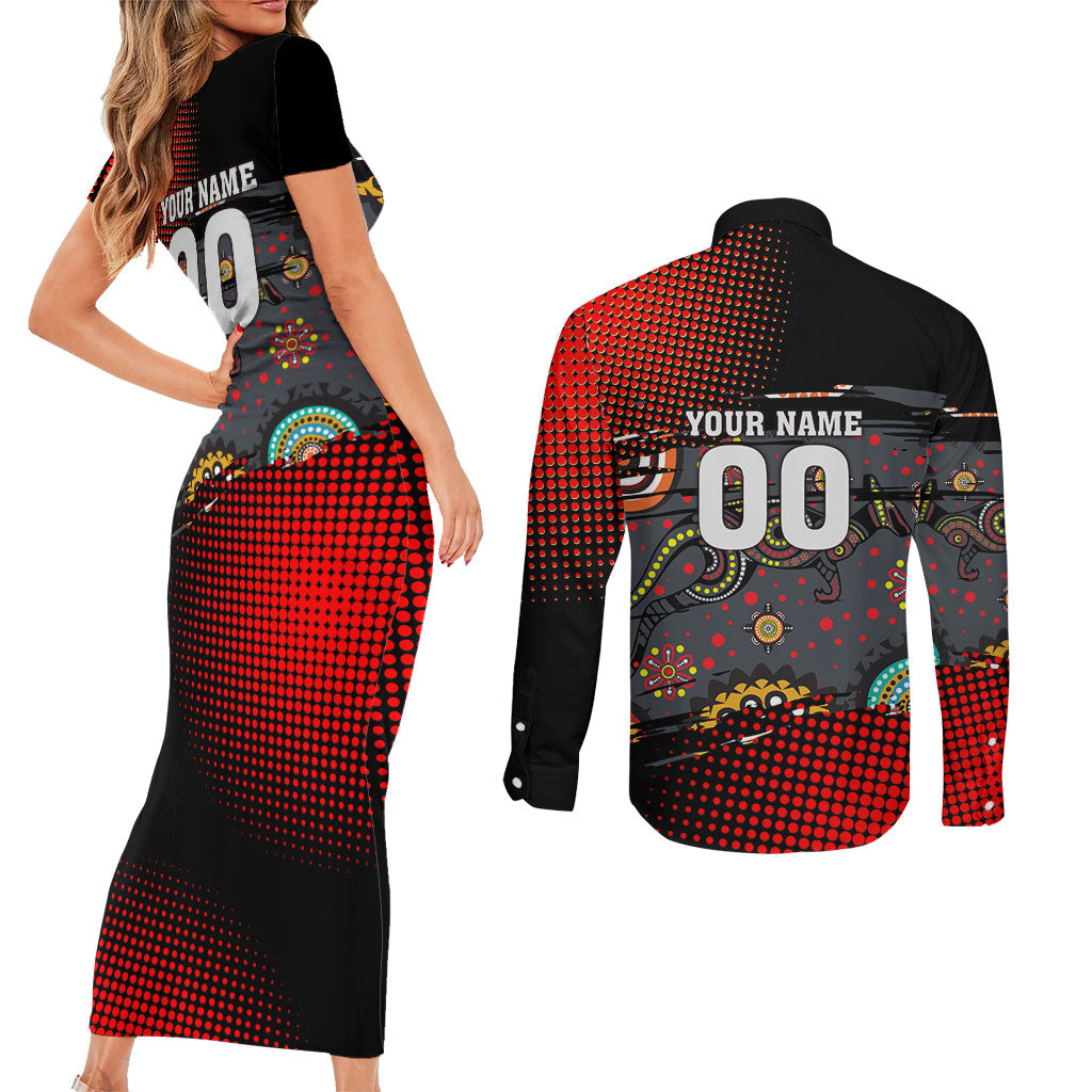 Personalised Panthers 60th Anniversary Couples Matching Short Sleeve Bodycon Dress and Long Sleeve Button Shirt Aboriginal Indigenous Dot Art - Halftone Pattern 1967-2026