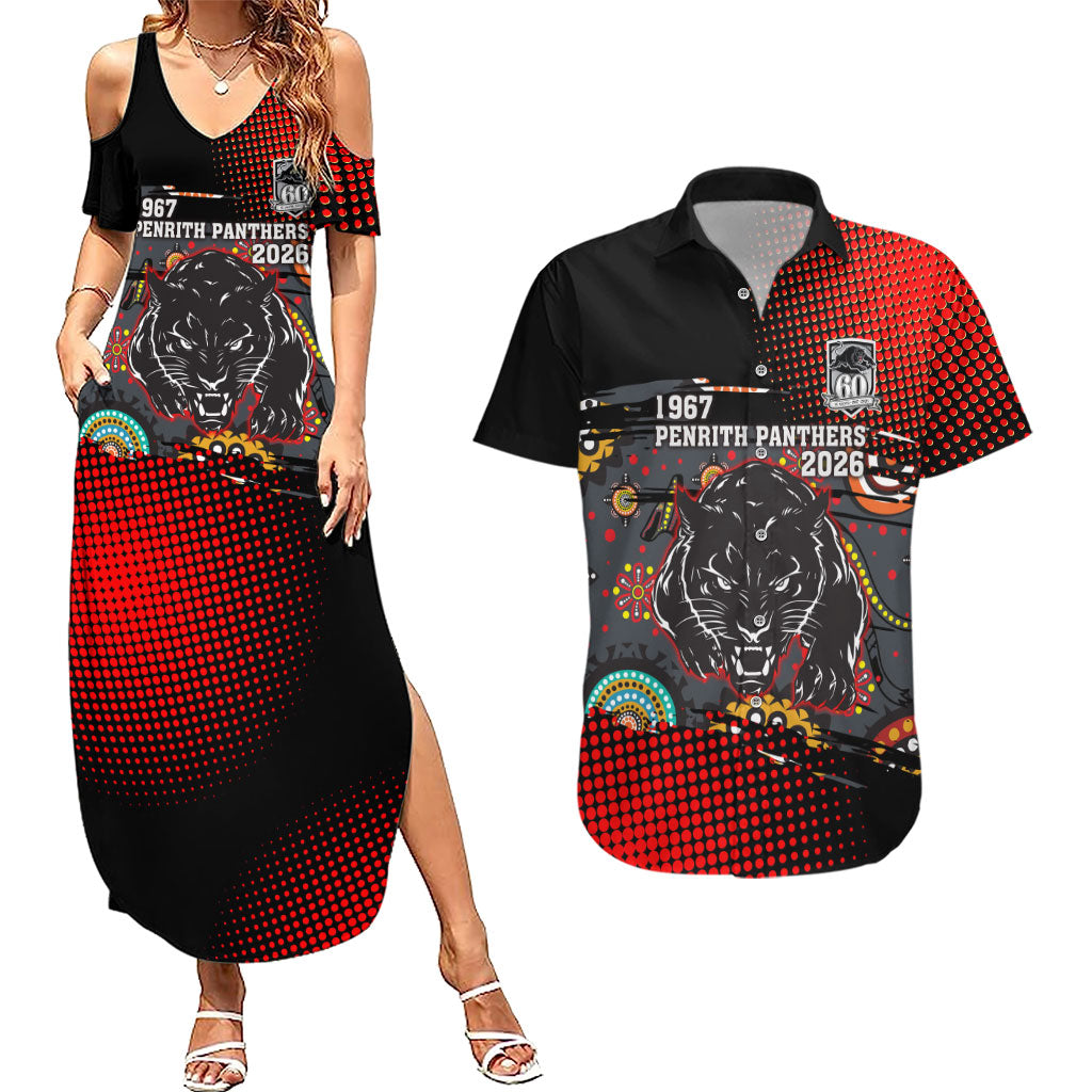 Personalised Panthers 60th Anniversary Couples Matching Summer Maxi Dress and Hawaiian Shirt Aboriginal Indigenous Dot Art - Halftone Pattern 1967-2026