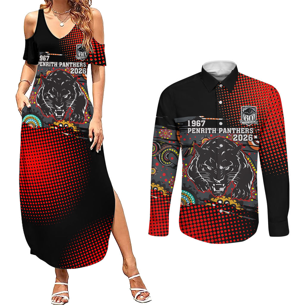 Personalised Panthers 60th Anniversary Couples Matching Summer Maxi Dress and Long Sleeve Button Shirt Aboriginal Indigenous Dot Art - Halftone Pattern 1967-2026