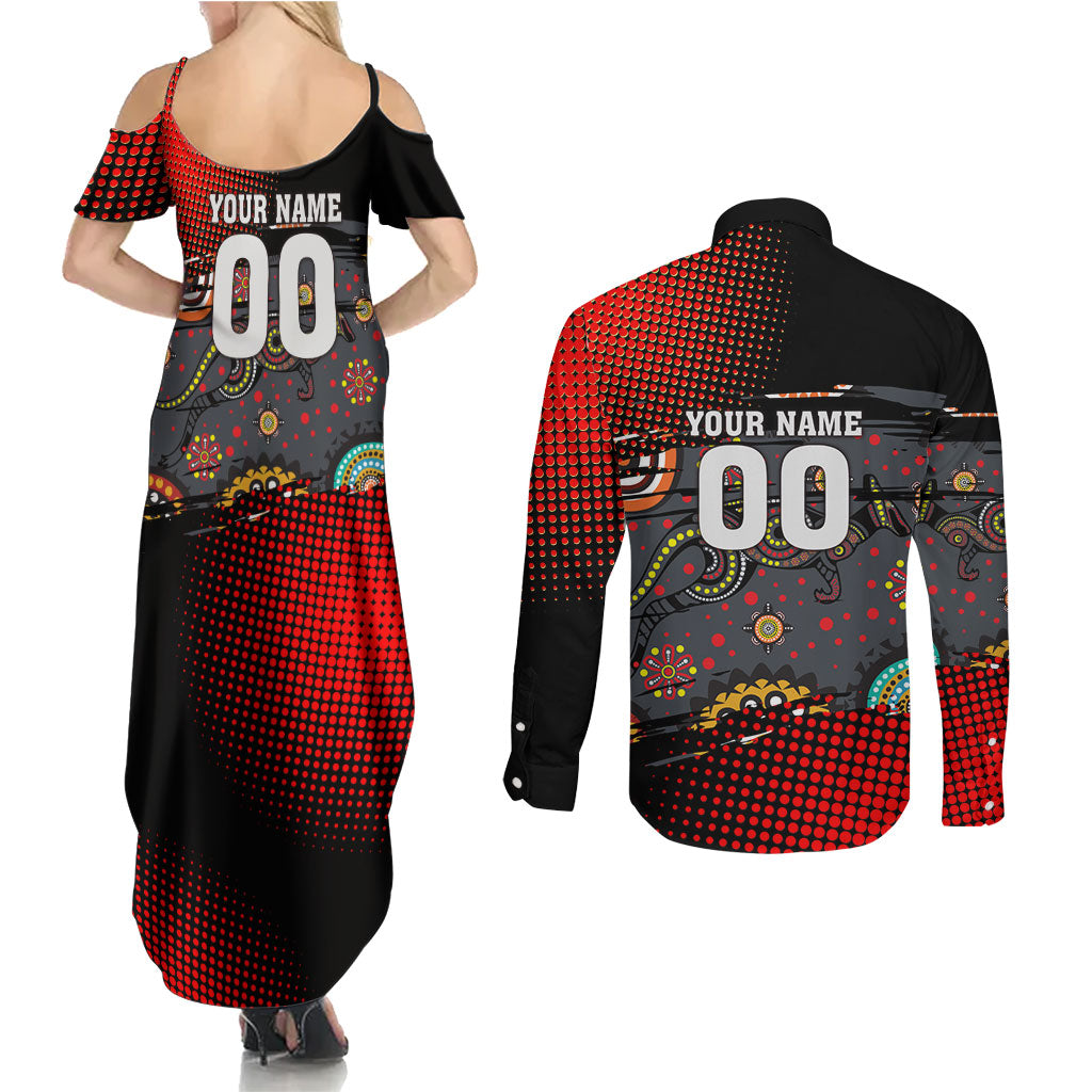 Personalised Panthers 60th Anniversary Couples Matching Summer Maxi Dress and Long Sleeve Button Shirt Aboriginal Indigenous Dot Art - Halftone Pattern 1967-2026