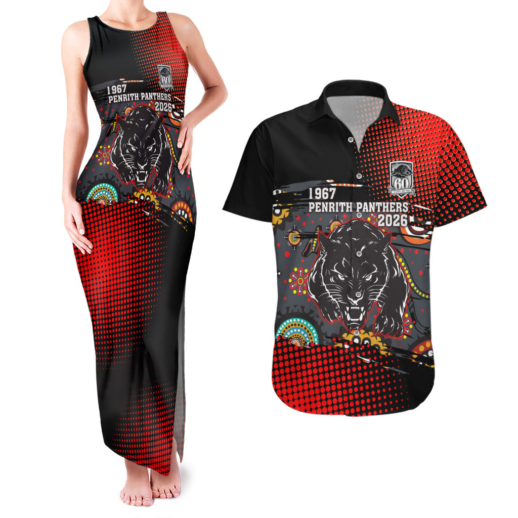 Personalised Panthers 60th Anniversary Couples Matching Tank Maxi Dress and Hawaiian Shirt Aboriginal Indigenous Dot Art - Halftone Pattern 1967-2026